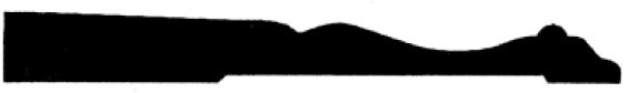 Silhouette of a mountain landscape with a flat foreground and a rounded peak on the right.