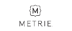 Black logo featuring a stylized letter "M" inside a shield-like emblem above the word "Metrie".