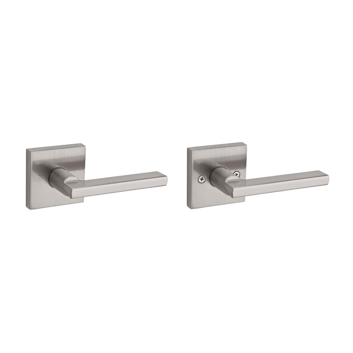 Brushed nickel door levers with square backplates on a white background.