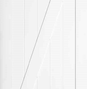 White wooden door with a diagonal board design across five vertical panels.
