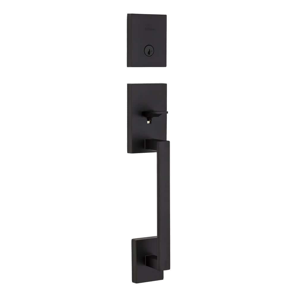 A modern, matte black square door handle and lock set with a minimalist design.
