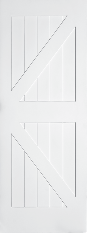 A white interior door with two raised geometric patterns forming a distinctive design of diagonal and vertical lines.
