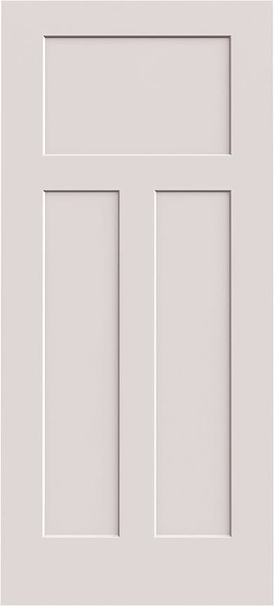 A light gray interior door with a three-panel design, featuring one horizontal panel at the top and two vertical panels below.