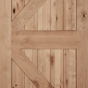 A wooden door with vertical planks and a diagonal brace forming a Z pattern.