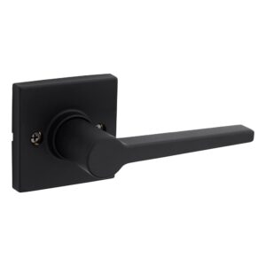 A black door lever with a square backplate.