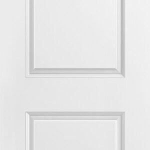 White two-panel interior door with an arched top panel and a square bottom panel.