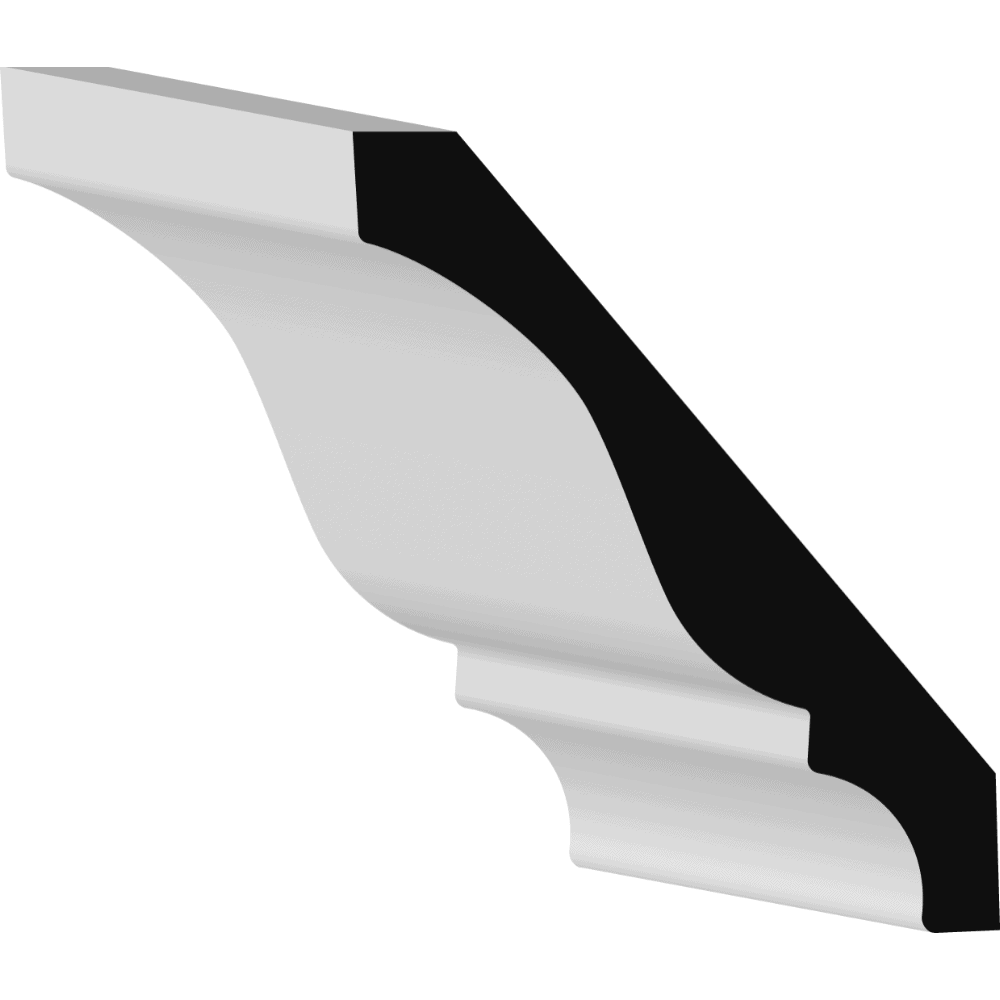 Illustration of crown molding with a decorative curved profile and black shadow.