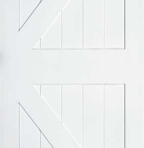A white interior door with two raised geometric patterns forming a distinctive design of diagonal and vertical lines.