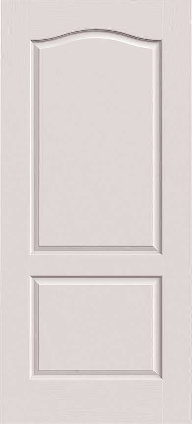 A white door with two rectangular panels, one larger and one smaller, featuring raised edges.