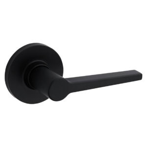 A matte black door lever with a cylindrical base and straight handle.