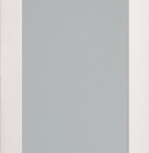 A white door with a large vertical frosted glass panel in the center.