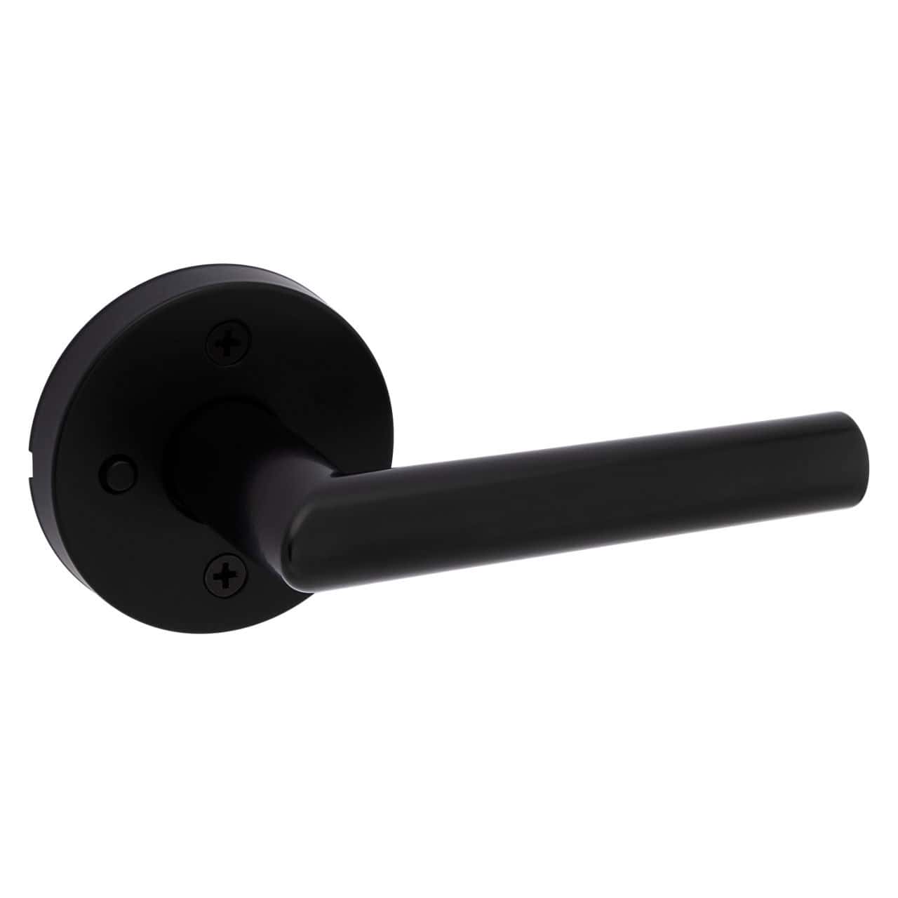 A matte black door handle with a round base and a straight lever is attached to a white surface.