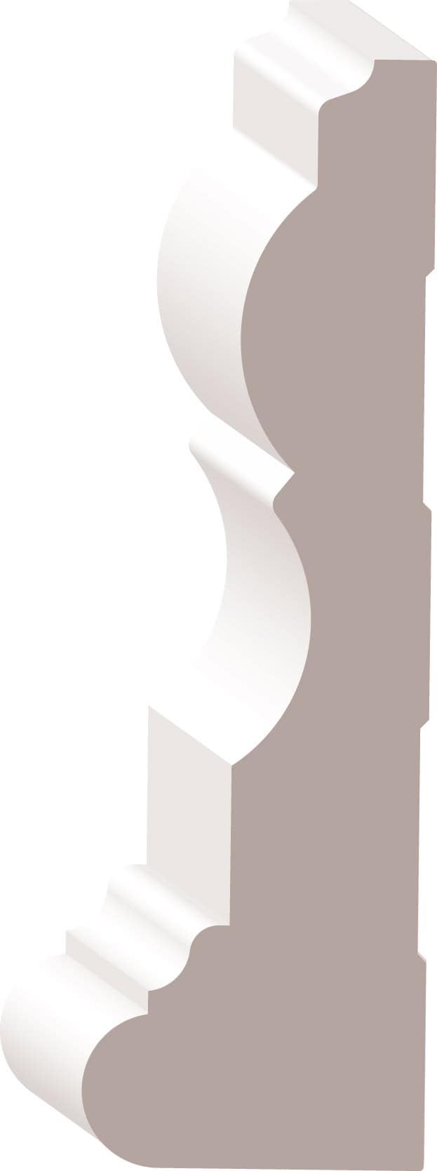 Illustration of a decorative crown molding profile with intricate curves and grooves on a white background.
