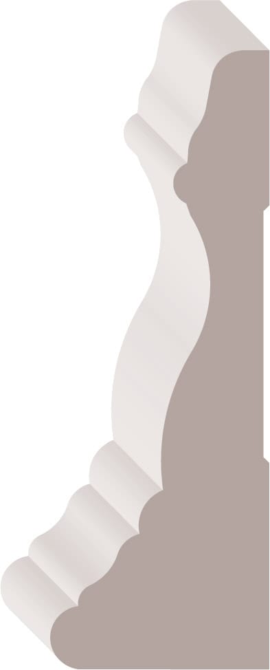 Illustration of a decorative, carved molding piece with smooth curves and varying thicknesses, shown from a side angle.