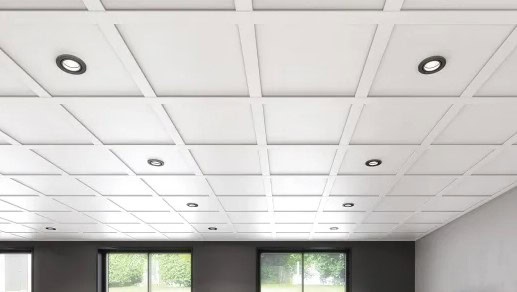 A modern white grid ceiling with recessed lights in a room featuring large windows and a view of greenery outside.