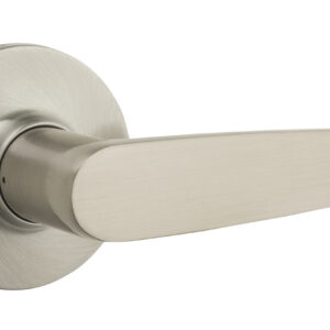 A brushed metal door lever with a round base, shown on a white background.