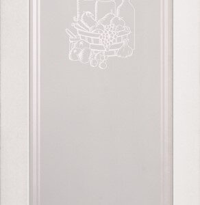 A frosted glass door with PANTRY written above an etched illustration of food items, including jars, a bottle, and fruits, centered within a white frame.