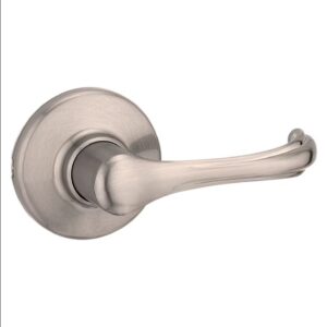 Brushed nickel door handle with a curved lever mounted on a round backplate, viewed from the side.