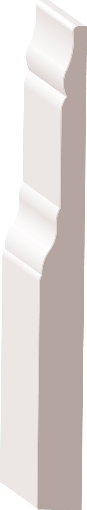 Image of a white decorative baseboard molding with a curved, layered profile against a beige background.
