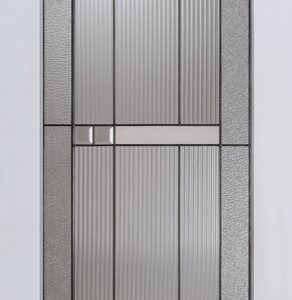 A glass door panel with a geometric design consisting of frosted and clear glass sections arranged in vertical and horizontal patterns.