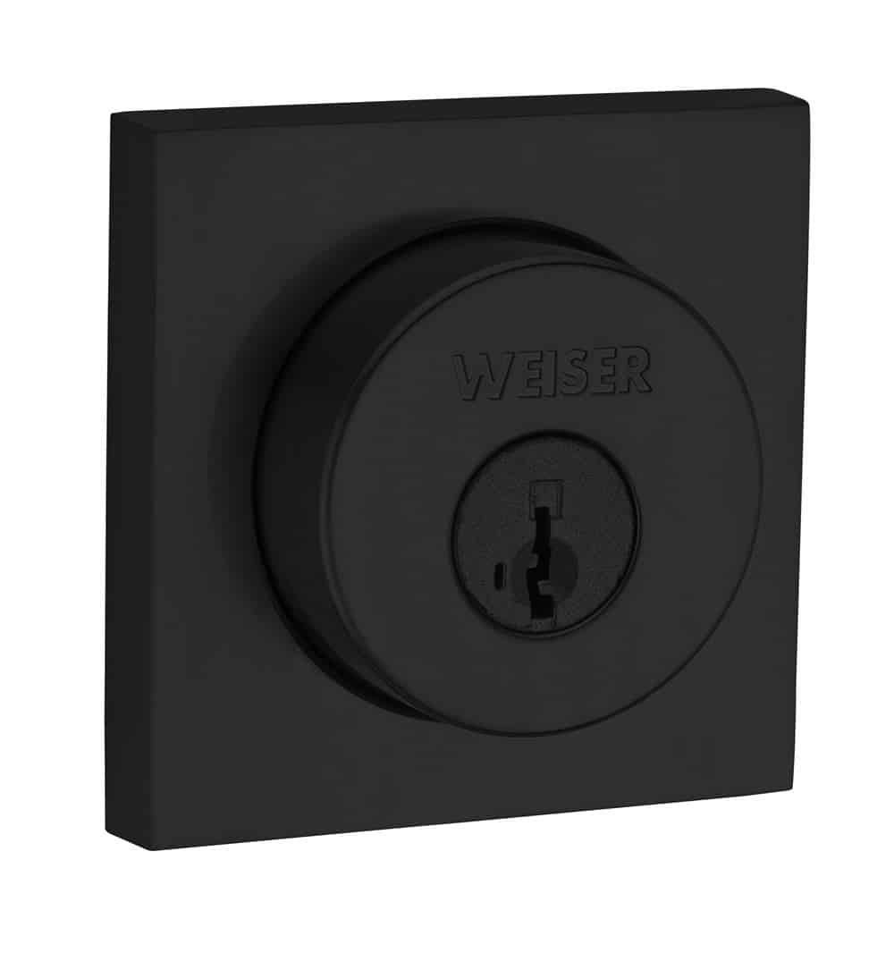A square black deadbolt lock with the brand name WEISER engraved on the front.
