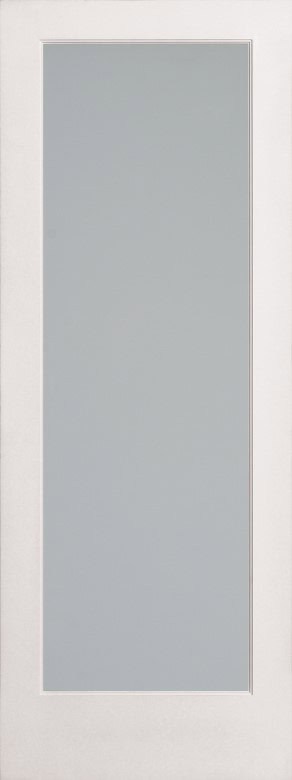 A white door with a large vertical frosted glass panel in the center.