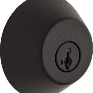 Close-up of a black Weiser keyhole lock.