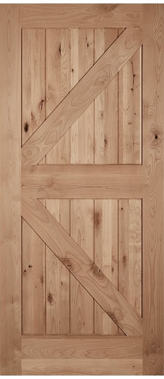 A wooden door with vertical planks and a diagonal brace forming a Z pattern.