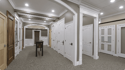 A showroom displaying various door styles in an indoor setting. The room features different door models mounted on white frames, with some on display stands. The space is lit with recessed lighting.