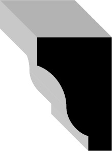 Illustration of a moulding profile with a curved detail and a right-angled edge, featuring grey and black shading.