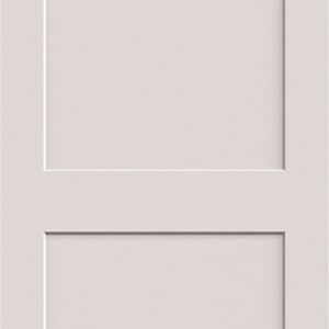 A light grey door with two rectangular recessed panels, the upper panel being taller than the lower one.