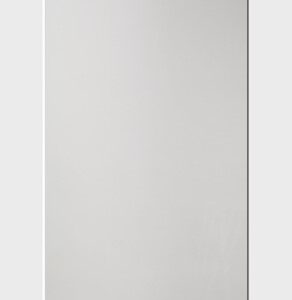 A minimalist, vertical rectangular mirror with a white frame, reflecting a plain, neutral background.