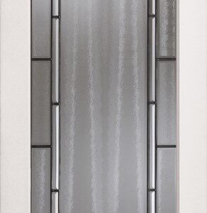 A rectangular frosted glass door panel with a modern geometric border design in a black metal frame.