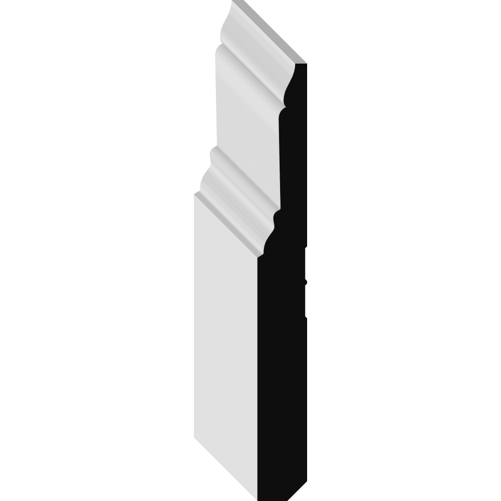 3D rendering of a white crown molding profile with intricate curves and angles.