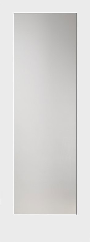 A minimalist, vertical rectangular mirror with a white frame, reflecting a plain, neutral background.