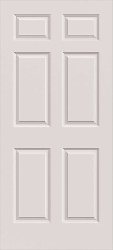 A white six-panel interior door with a simple, classic design.
