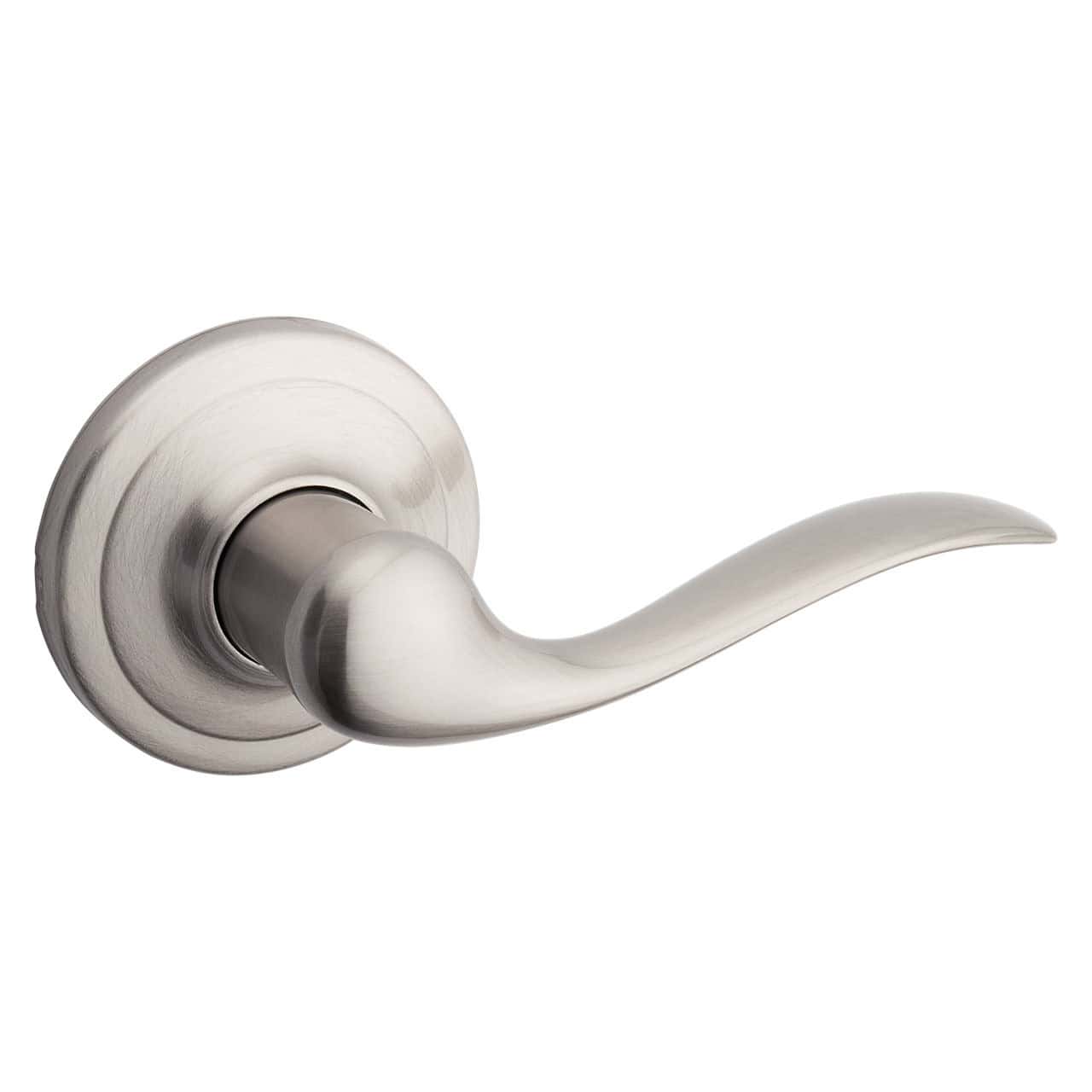 Sleek, curved silver door handle with a round base, designed in a modern style.