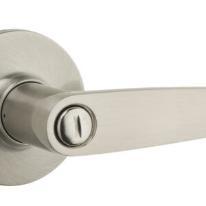 A brushed metal door handle with a keyhole, attached to a circular base plate.