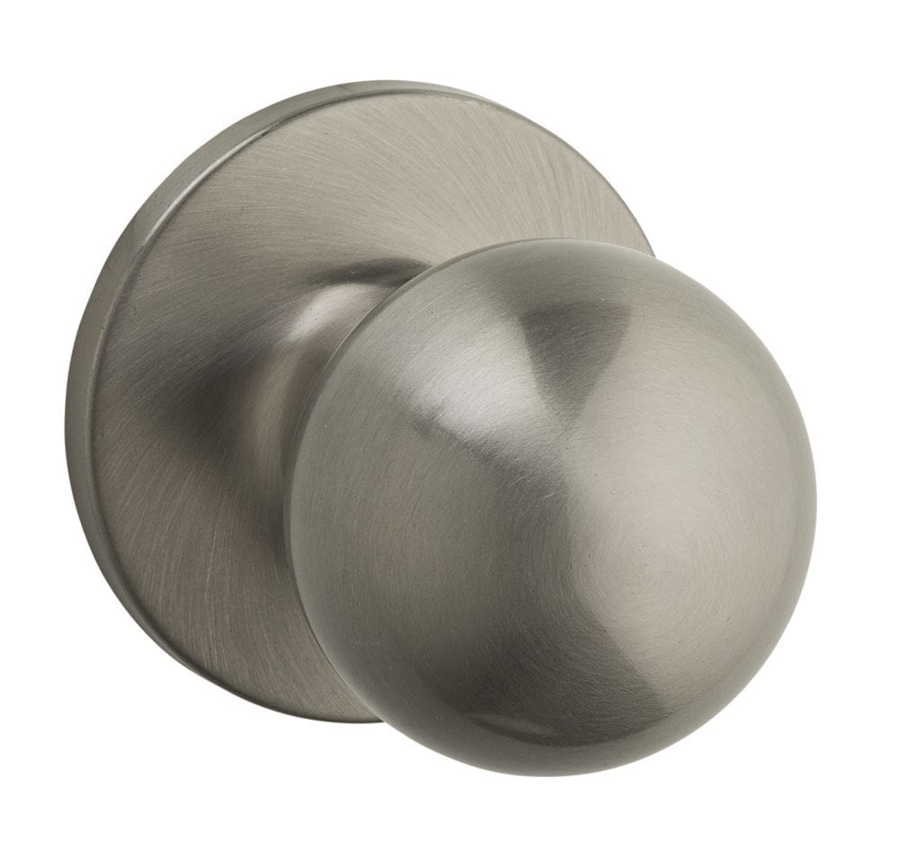 A round, brushed nickel doorknob with a circular base.