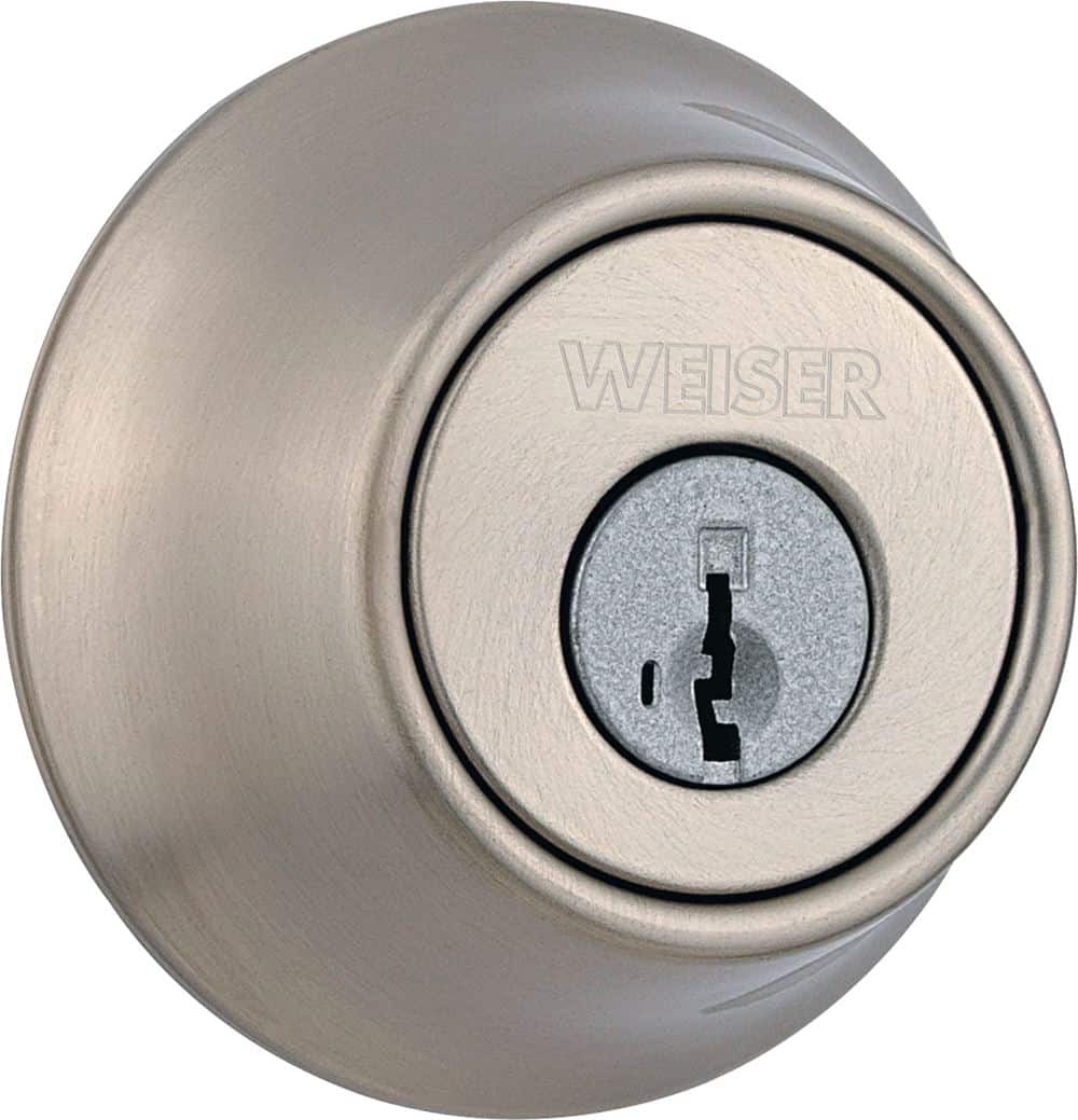 Close-up of a round, silver Weiser deadbolt lock with a keyhole in the center.