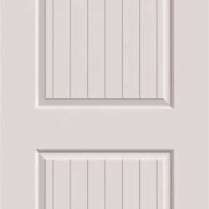 A white door with two vertical panel insets; one rectangular panel on top and one square panel on the bottom.