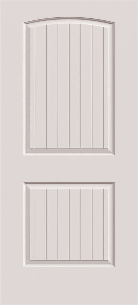 A white door with two vertical panel insets; one rectangular panel on top and one square panel on the bottom.
