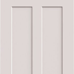 A light gray interior door with a three-panel design, featuring one horizontal panel at the top and two vertical panels below.