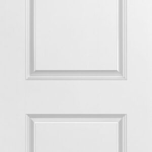 A white interior door with two rectangular panels, one above the other.