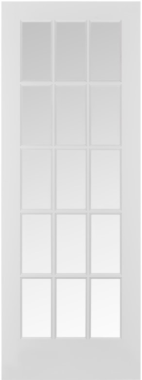 White door with fifteen glass panes arranged in a 3 by 5 grid.