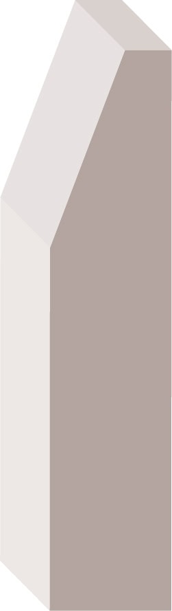 Illustration of a tall, geometric, three-dimensional shape with a slanted top, featuring two beige and one grey face.