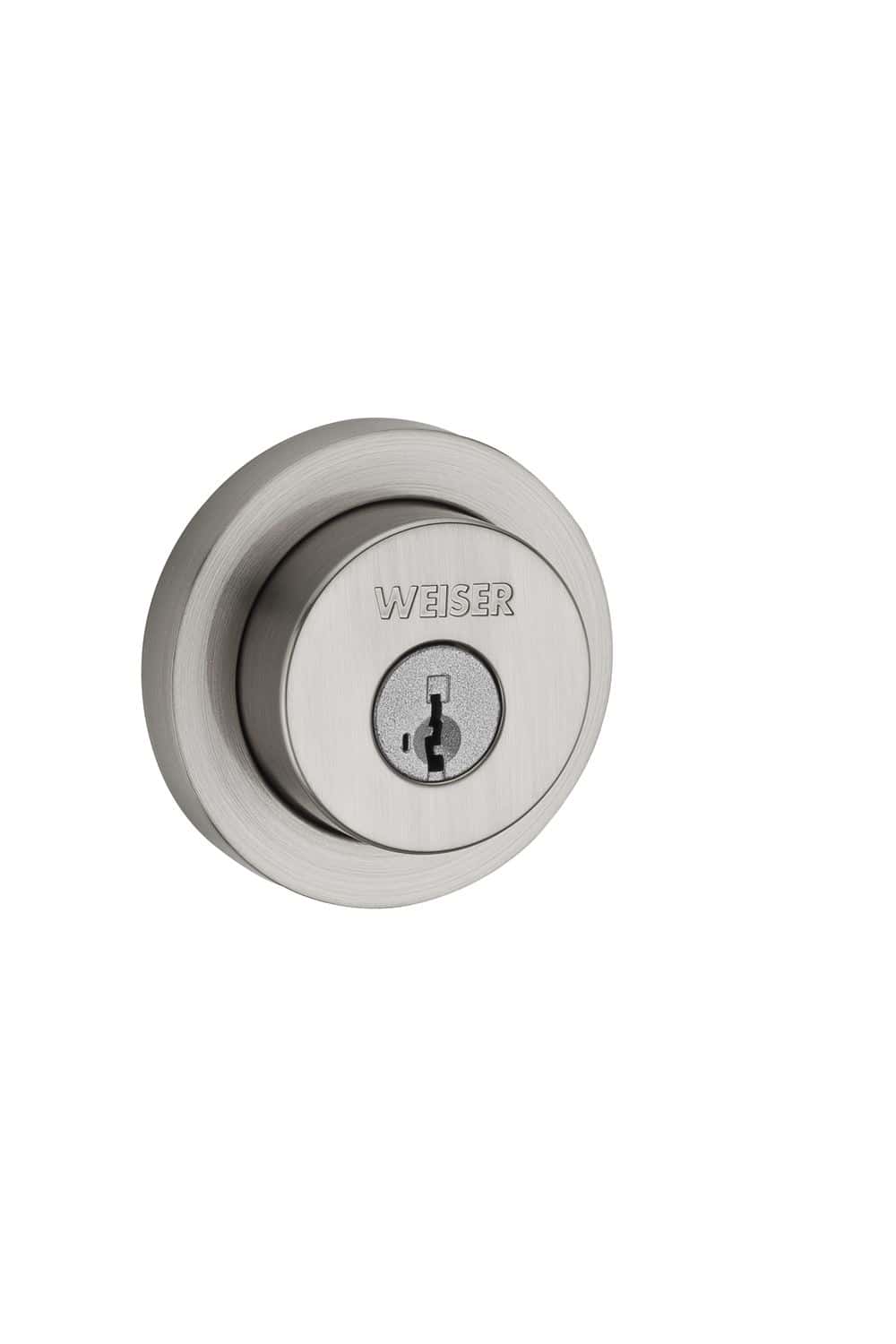 Close-up of a silver round door lock with the brand name Weiser engraved above the keyhole.
