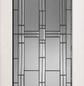 A rectangular stained glass window with a geometric design featuring vertical and horizontal lines, squares, and rectangles in various shades of gray and clear glass.
